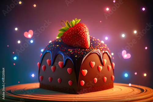 Fototapete Cake made with chocolate, strawberry and heart for Valentine's Day in the cute little twinkle lights background