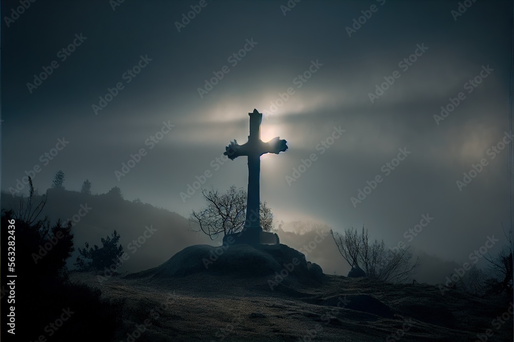 a cross stands on top of a hill in midnight misty Generative AI