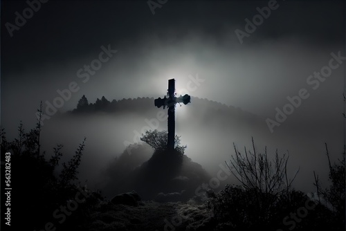 a cross stands on top of a hill in midnight misty Generative AI