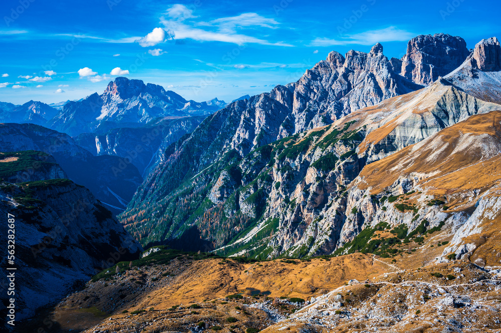 Dream panorama on the Dolomites. Park of the three peaks of Lavaredo.