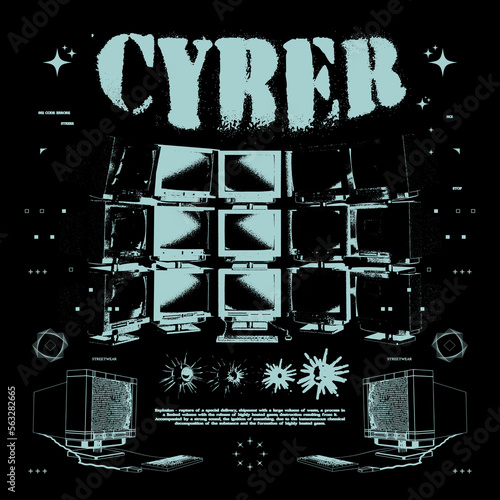 Retro futuristic poster with obsolete computers and "Cyber" text. Abstract print with noise, for streetwear, print for t-shirts and sweatshirts on a black background