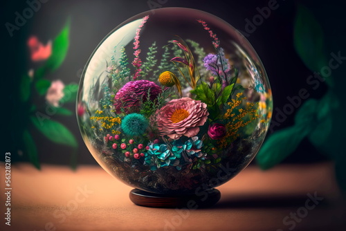 Floral arrangement inside a glass sphere on a floral background Generative AI