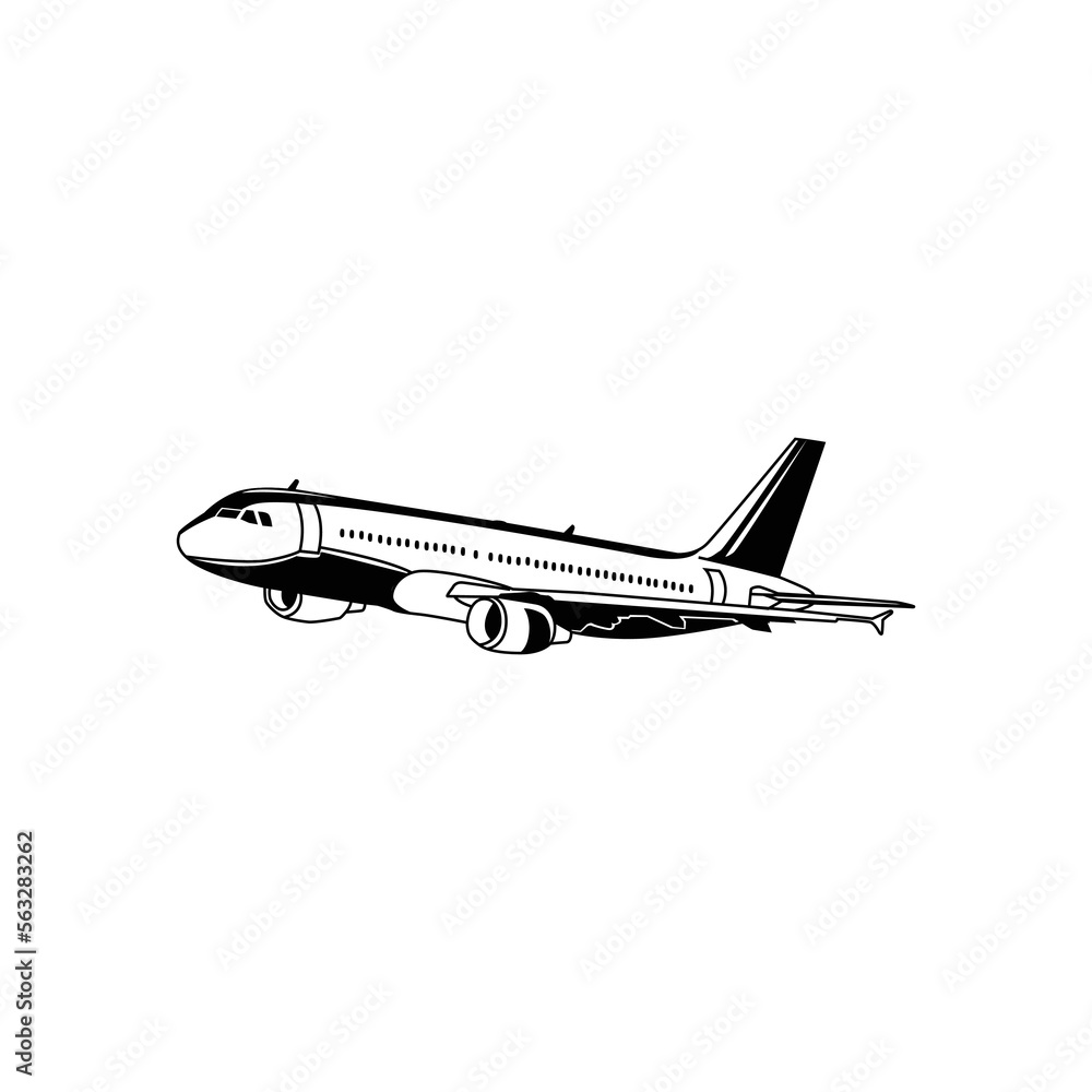 Airplane icon in black and white illustration Airplane icon in black and white illustration