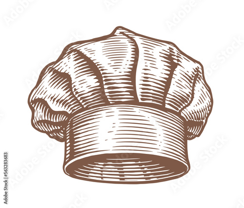 White chef hat, sketch. Food concept. Design for restaurant or cafe menu. Engraved hand drawn vector illustration