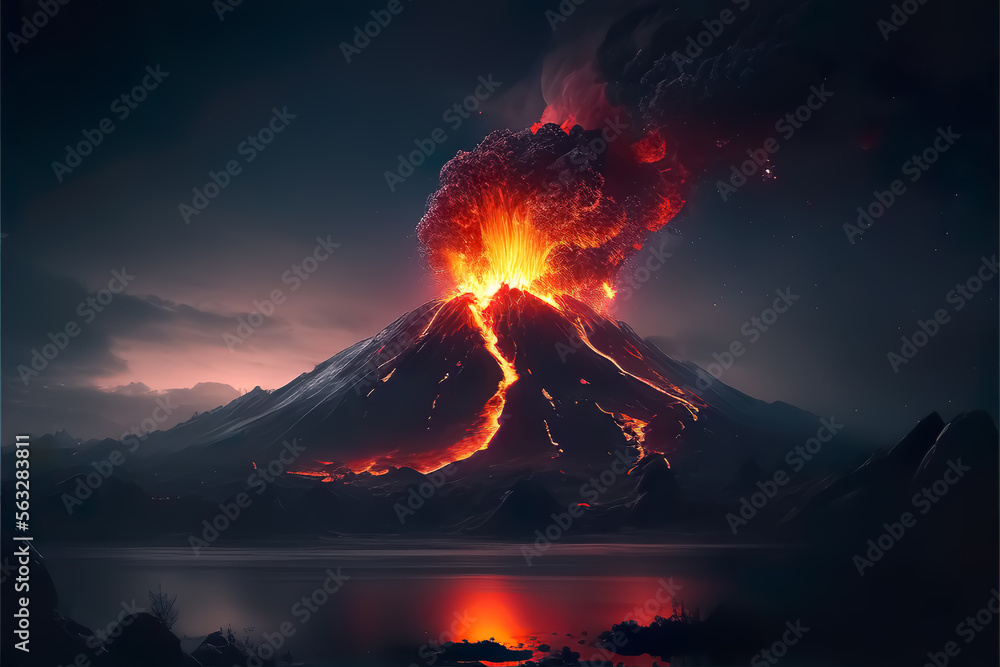 volcanic eruption, in a beautiful night landscape