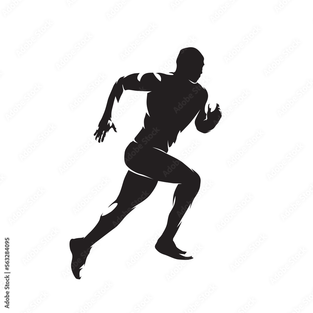 Run, running man, isolated vector silhouette, ink drawing, front view