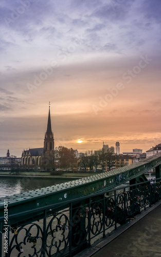 Sunrise over a church in frankfurt