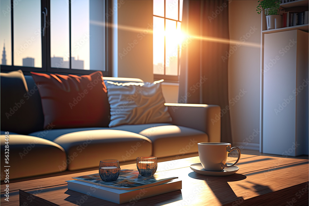 Apartment living room with a couch, a coffee table with tea, and a blue sky with the sun visible through the windows. Generative ai Apartment living room with a couch, a coffee table with tea, and a blue sky with the sun visible through the windows. Generative ai