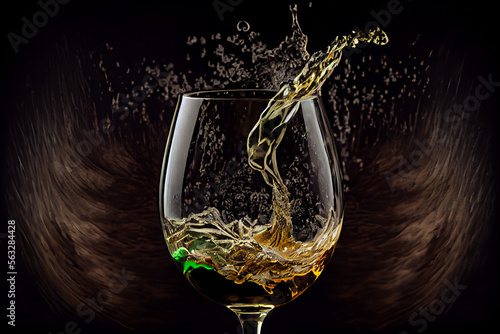 Weißwein spritzt in einem Weinglas auf schwarzen Hintergrund - Generative Ai photo