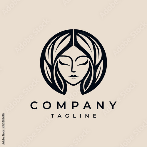 Circle Natural Leaf Beauty woman face logo design