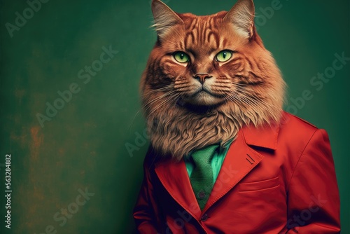 Generative AI photography of brown cat in a man's red suit and green studio background photo