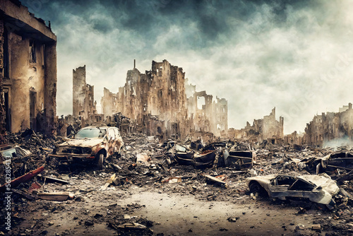 wrack of destroyed civilian car on the street in front of a ruins of destroyed residential buildings smoke and fog in air, junk laying on street, generative AI photo