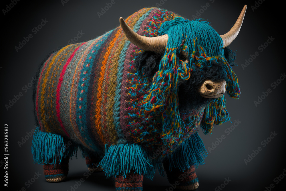 Obraz premium Knitted animals welcome everybody in the wonderful yarnworld of creativity, yarn, landscape, handmadelike colorful pieces, AI generative