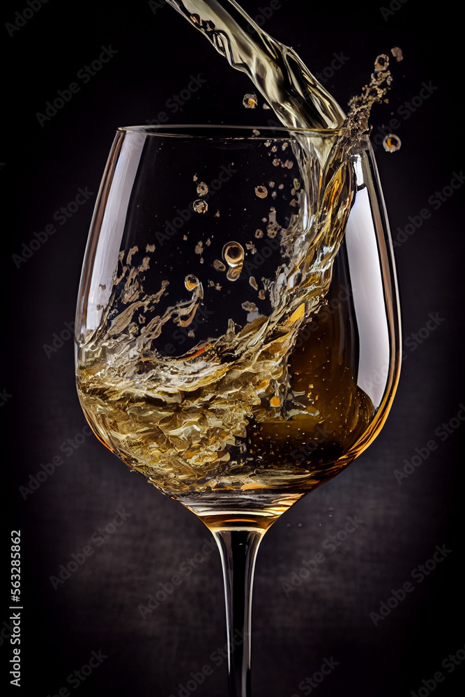 Weißwein spritzt in einem Weinglas auf schwarzen Hintergrund - Generative Ai - obrazy, fototapety, plakaty 
