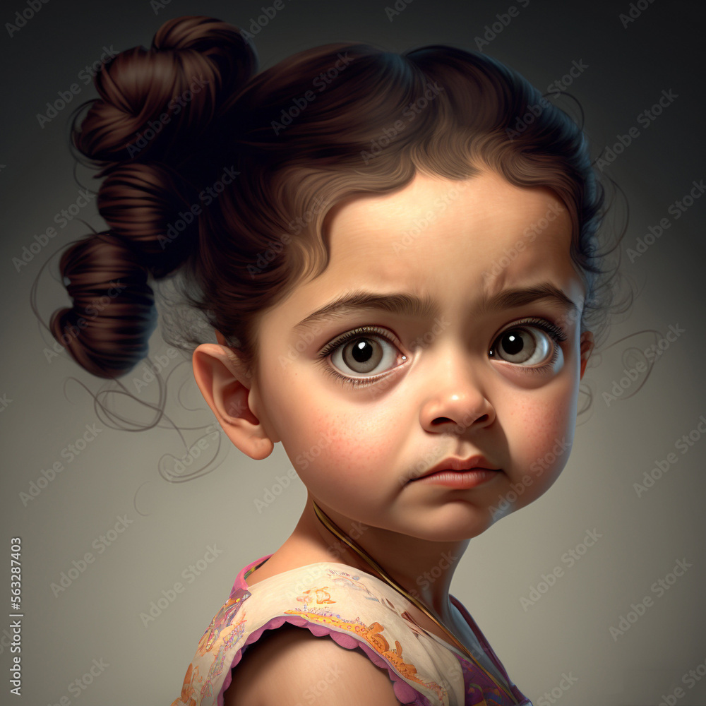 Portrait of a baby girl with brown hair bun. Cartoon kid with wide open green eyes close up. AI