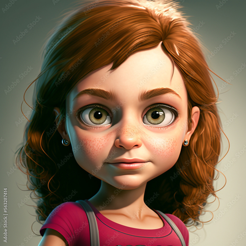 Ilustrace „Portrait of a little girl with long red brown hair. Cartoon kid  with wide open green eyes close up. AI generative“ ze služby Stock | Adobe  Stock