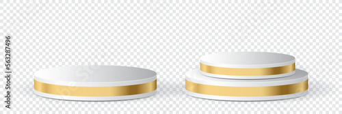 Set of realistic white blank product podium scene. Pedestal with golden line. Podium for advertising. Stand for cosmetic products. Vector illustration