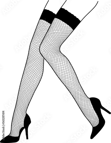 Sexy women's legs in fishnet stockings and black high heel line art. photo