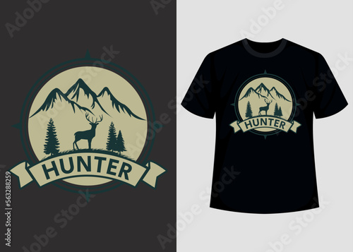Hunting Legend Print T shirt Design Template. Hunting vector. Hunting t-shirt grunge. Deer, rifle, mountain.