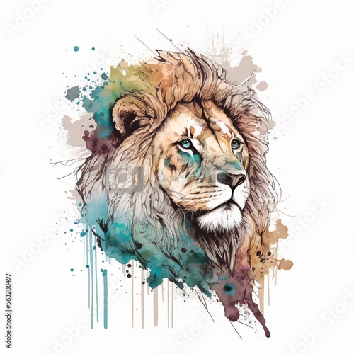 cute colour lion, hand drawn on white background, real drawn glazed king portrait animal savvanna wildanimal flows down portrait face brown african blured