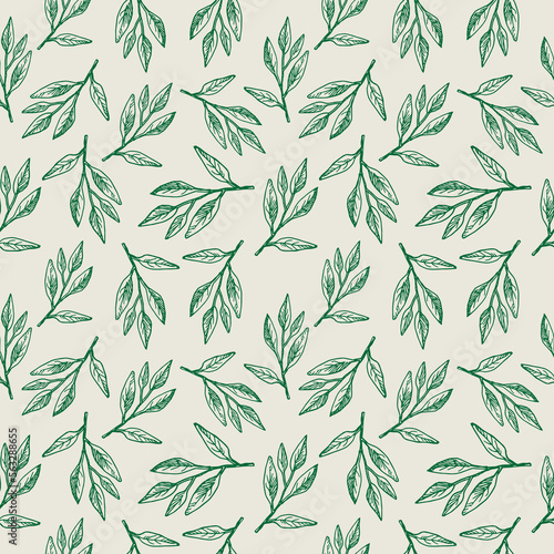 Cute seamless repeating pattern with a sage branch on a light background, floral motif. Hand drawn green leaves in a pattern for design, textile, wrapping paper and packaging design.Vector