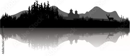 Schottische Landschaft mit Whisky Destillerie und Hirsch