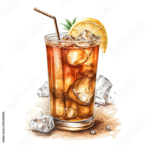 cold  fresh ice tea, hand drawn on white background, real drawn , color ice cubes, with a metal straw lemon glass flowers brown
