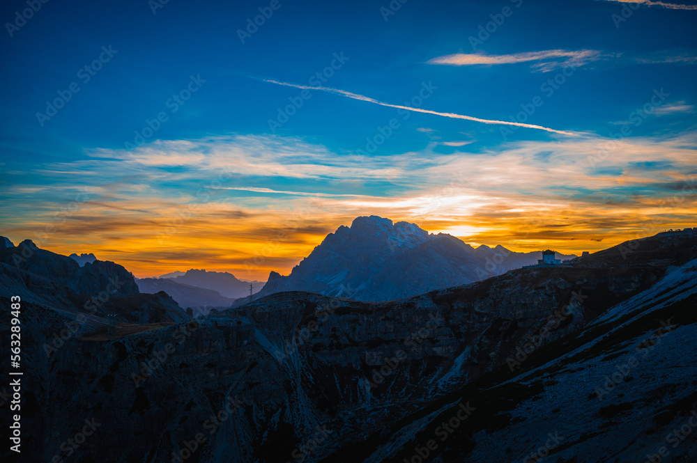 Naklejka premium Dusk on the Dolomites. Park of the three peaks of Lavaredo.