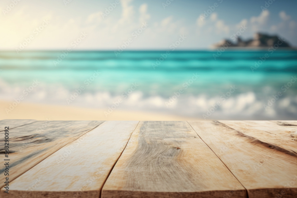 Copy space of tabletop on tropical beach with sunset sky and clouds abstract background. Product presentation in nature concept. Generative AI Copy space of tabletop on tropical beach with sunset sky and clouds abstract background. Product presentation in nature concept. Generative AI