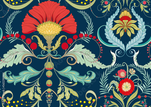 Decorative flowers and leaves in art nouveau style, vintage, old, retro style. Seamless pattern, background. Vector illustration.