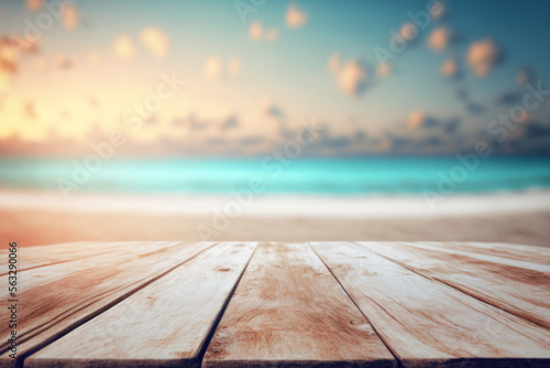 Copy space of tabletop on tropical beach with sunset sky and clouds abstract background. Product presentation in nature concept. Generative AI