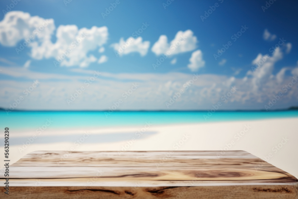 Fototapeta premium Copy space of tabletop on tropical beach with blue sky and white clouds abstract background. Product presentation in nature concept. Generative AI