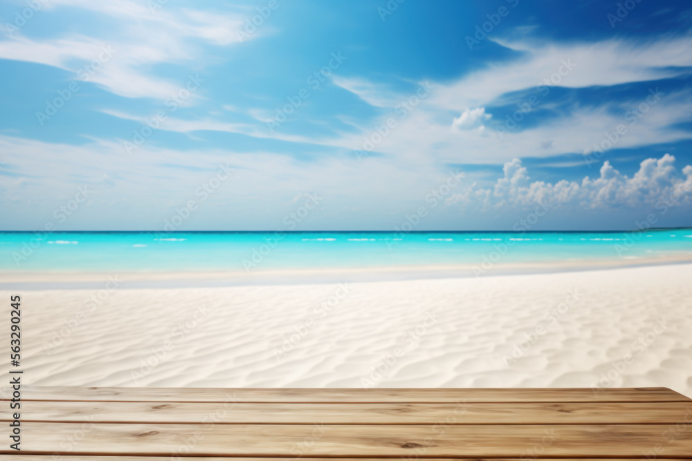 Fototapeta premium Copy space of tabletop on tropical beach with blue sky and white clouds abstract background. Product presentation in nature concept. Generative AI