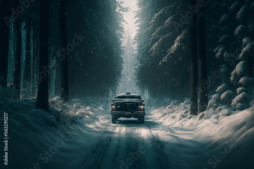 A man driving a car through a snow covered forest, Generative AI