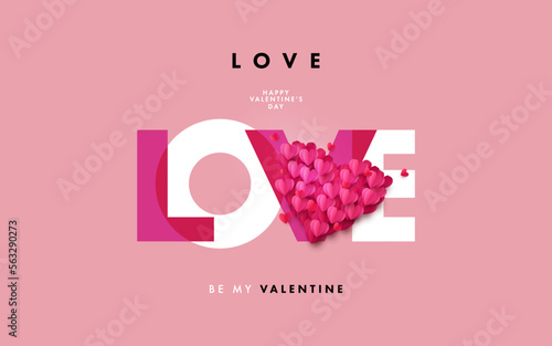 Creative concept of Happy Valentines Day poster. Modern Design template with typography text of Love in modern overlay style and big pink red realistic 3d origami hearts made of many beautiful hearts.