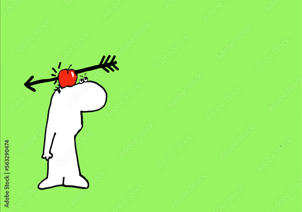 cartoon man with apple on his head and arrow