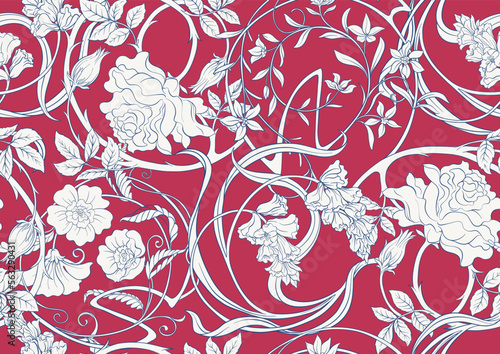 Decorative flowers and leaves in art nouveau style, vintage, old, retro style. Seamless pattern, background. Vector illustration. In art nouveau style, vintage, old, retro style.