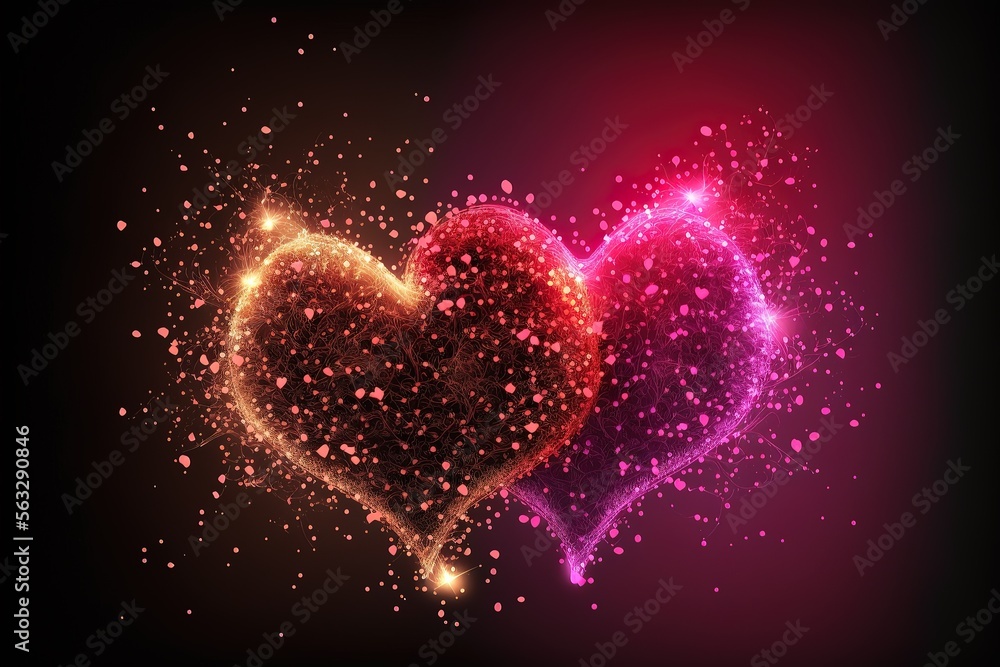 two connected glowing red and pink heart Valentines day. Generative AI two connected glowing red and pink heart Valentines day. Generative AI