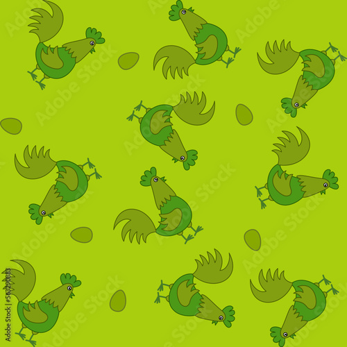 Paper pattern with green chickens and eggs on green background