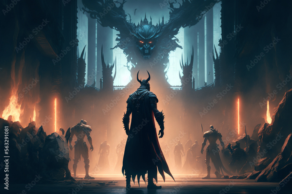 A man with a sword standing in front of a group of demonic men, Generative AI