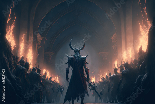 A man with a sword standing in front of a group of demonic men, Generative AI