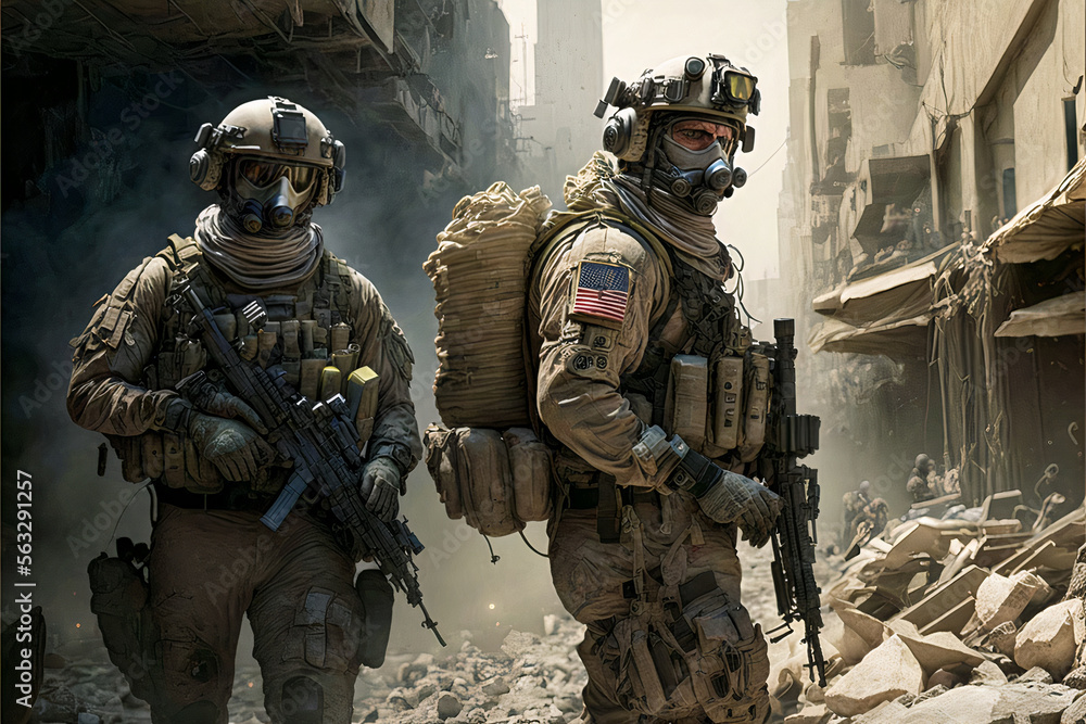 illustration of soldiers standing up in a war zone illustration of soldiers standing up in a war zone