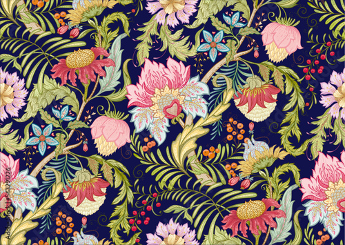 Fantasy flowers in retro  vintage  jacobean embroidery style. Seamless pattern  background. Vector illustration.