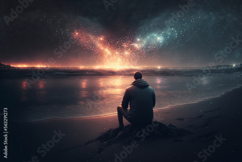 A man sitting on a beach watching fireworks, Generative AI