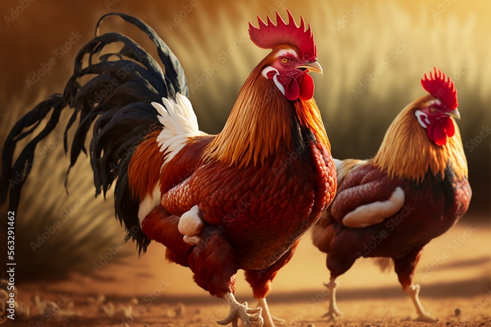 Fototapeta premium Portrait of chicken on a field closeup, farm in the background Generative ai 