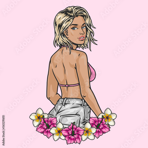 Summer girl blonde emblem colorful