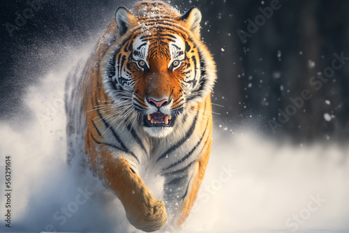 A tiger running through the snow in the wild, Generative AI