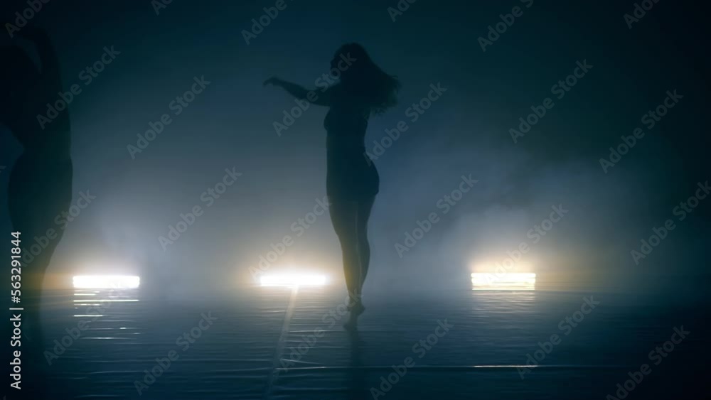 Silhouette dancer women performing dance figures in fog Silhouette dancer women performing dance figures in fog