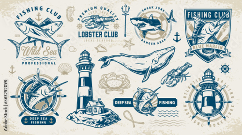 Fishing club set logotypes colorful