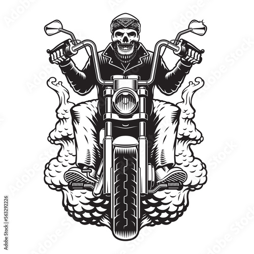 Vector biker illustration a bearded skeleton on a motorcycle on a white background